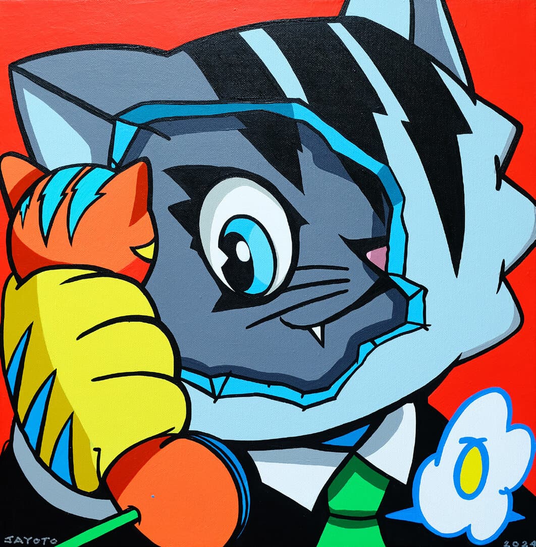 Painting by JAYOTO: a grey and blue striped cat in a suit and green tie, holding a small orange cat, on a red background