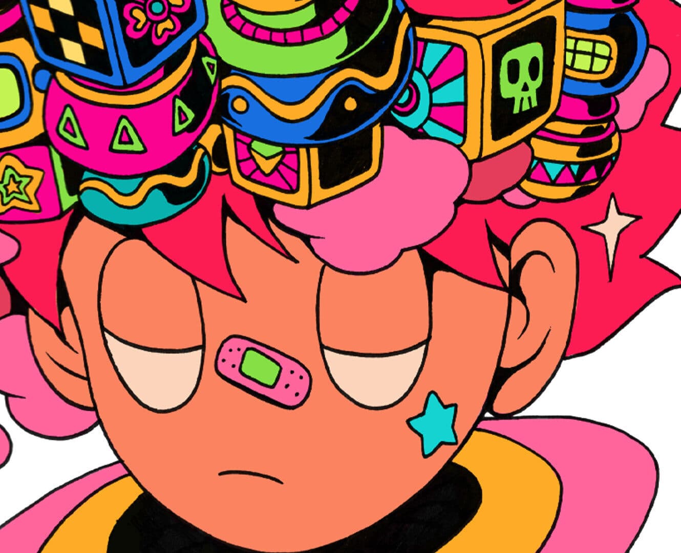 Mr J by Jeff Aphisit: a pink-haired character with a bandage on his nose under a stack of neon patterned boxes