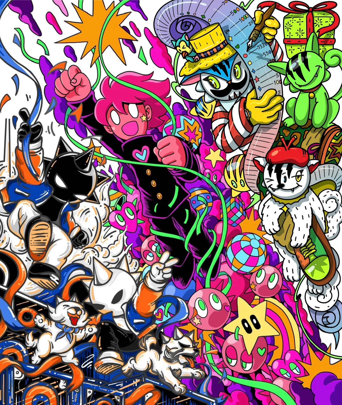 Festive Party joint artwork by Nat Somdee, Jeff Aphisit and JAYOTO: SOMDEE's spiky crew tumbles in from the left, Mr J leads a pink and purple neon crowd up the middle, and JAYOTO's cats close the frame on the right