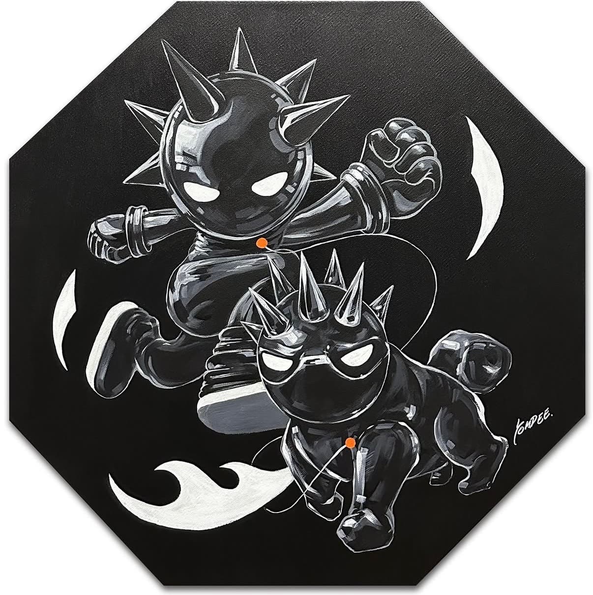 SOMDEE painting by Nat Somdee: two black spiky SOMDEE characters leaping through white flames on an octagonal canvas