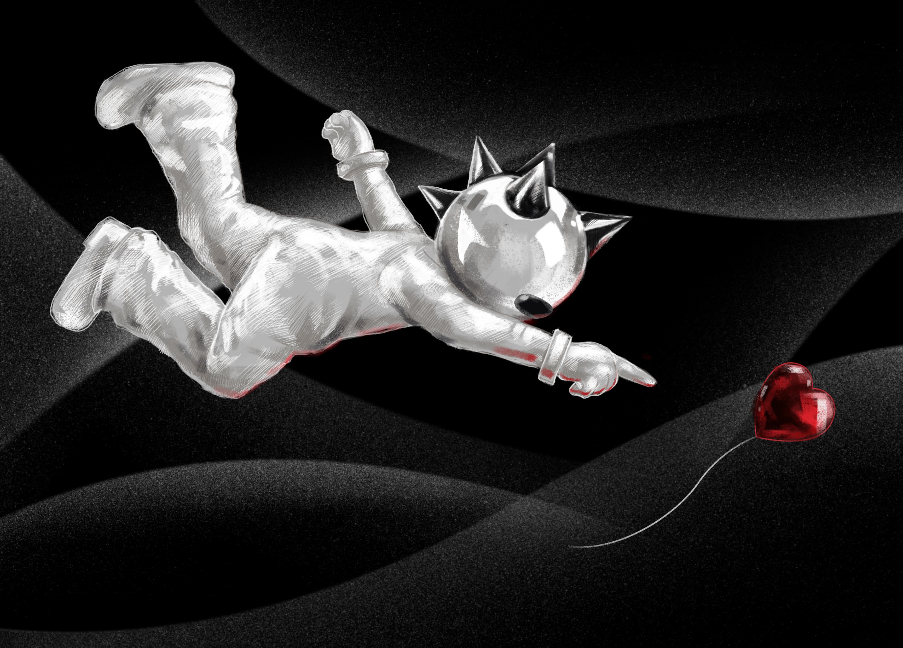The figure in white, reaching for a red balloon over dark dunes