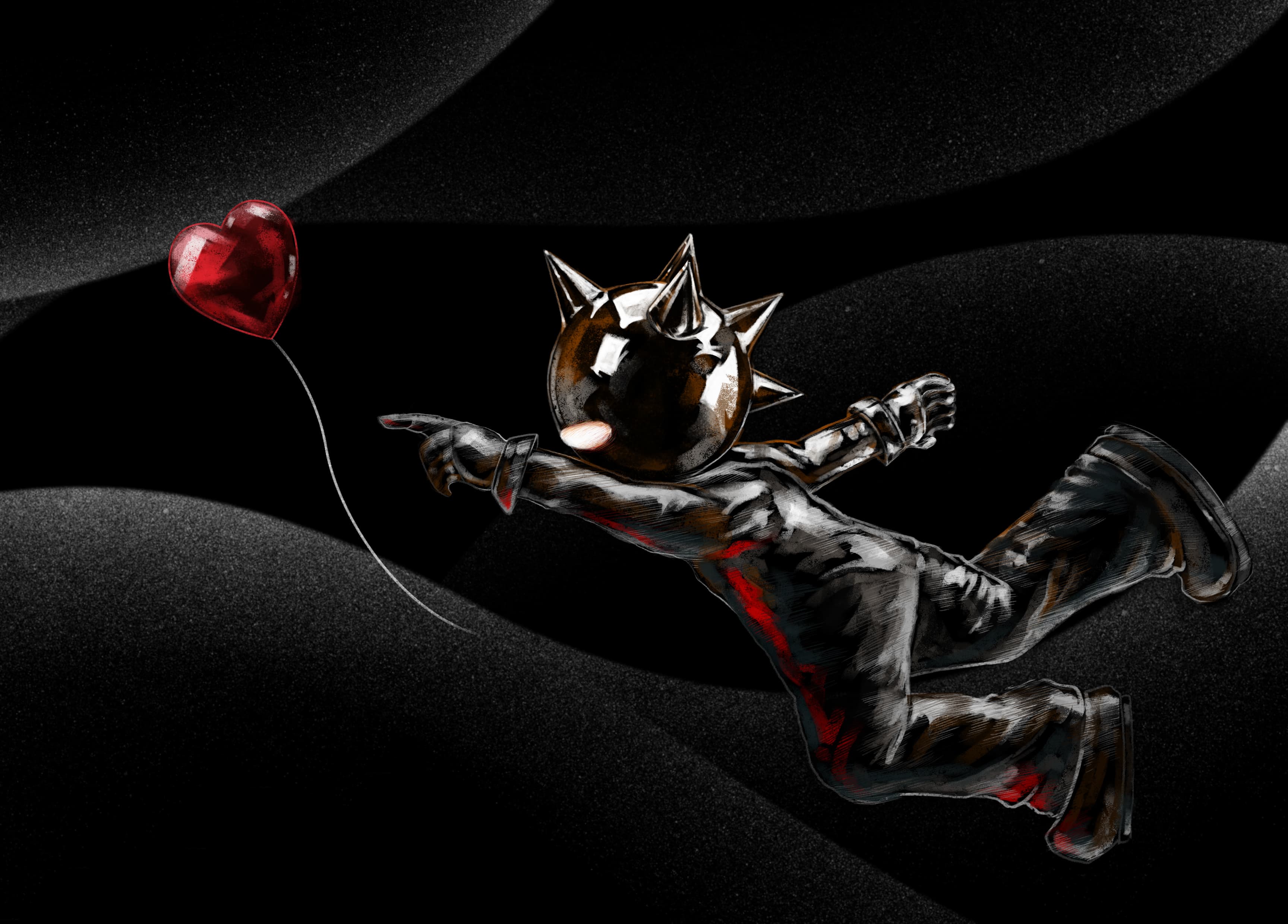 The figure in black, reaching for a red balloon over dark dunes